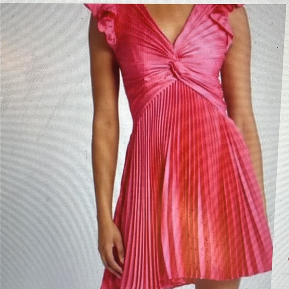 Moon River Dresses & Skirts - Moon river Pink satin Dress with gathered bust, pleated skirt &Ruffle Sleeve